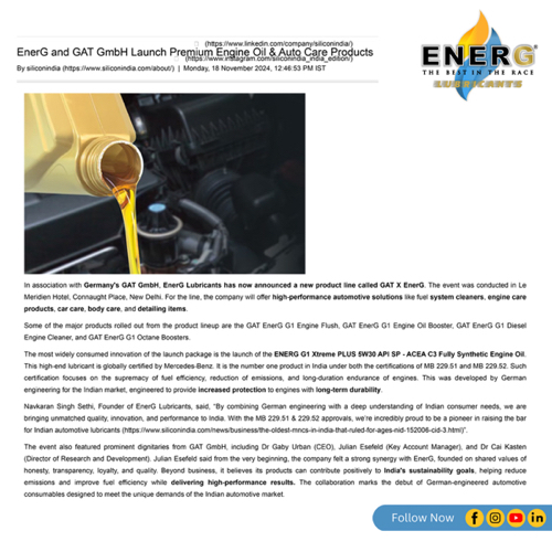 SiliconIndia coverage of EnerG and GAT launch